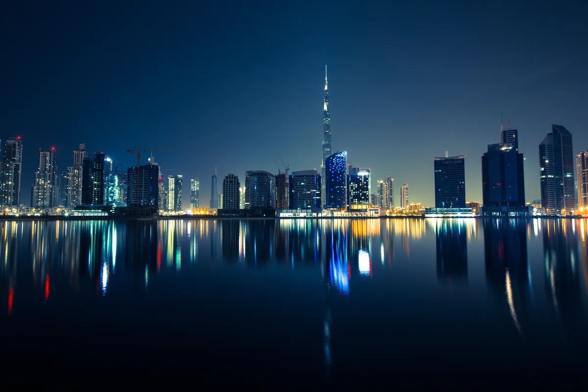 Dubai skyline of towers along the water